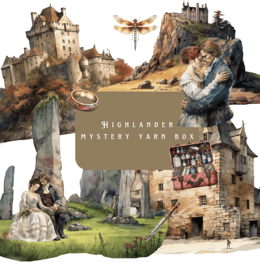 A collage of illustrations of castles on a hill with fall leaves, a dragonfly, swords, a ring and a medicine trunk with a man and woman sitting and holding one another. The text "Highlander Mystery Yarn Box."